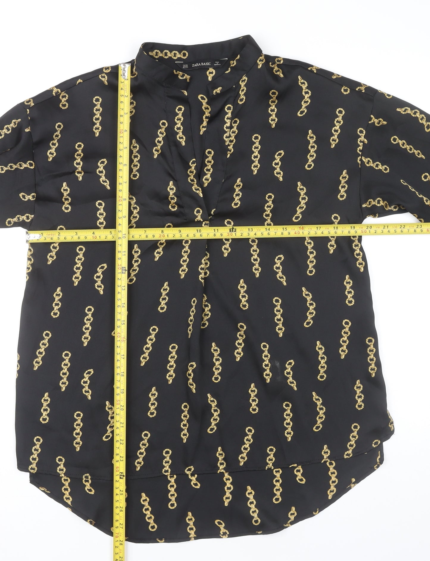 Zara Basic Women’s Black Gold Chain Print Blouse XS Long Sleeve