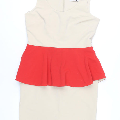 New Look Women’s Beige Red Peplum Bodycon Dress Size 14