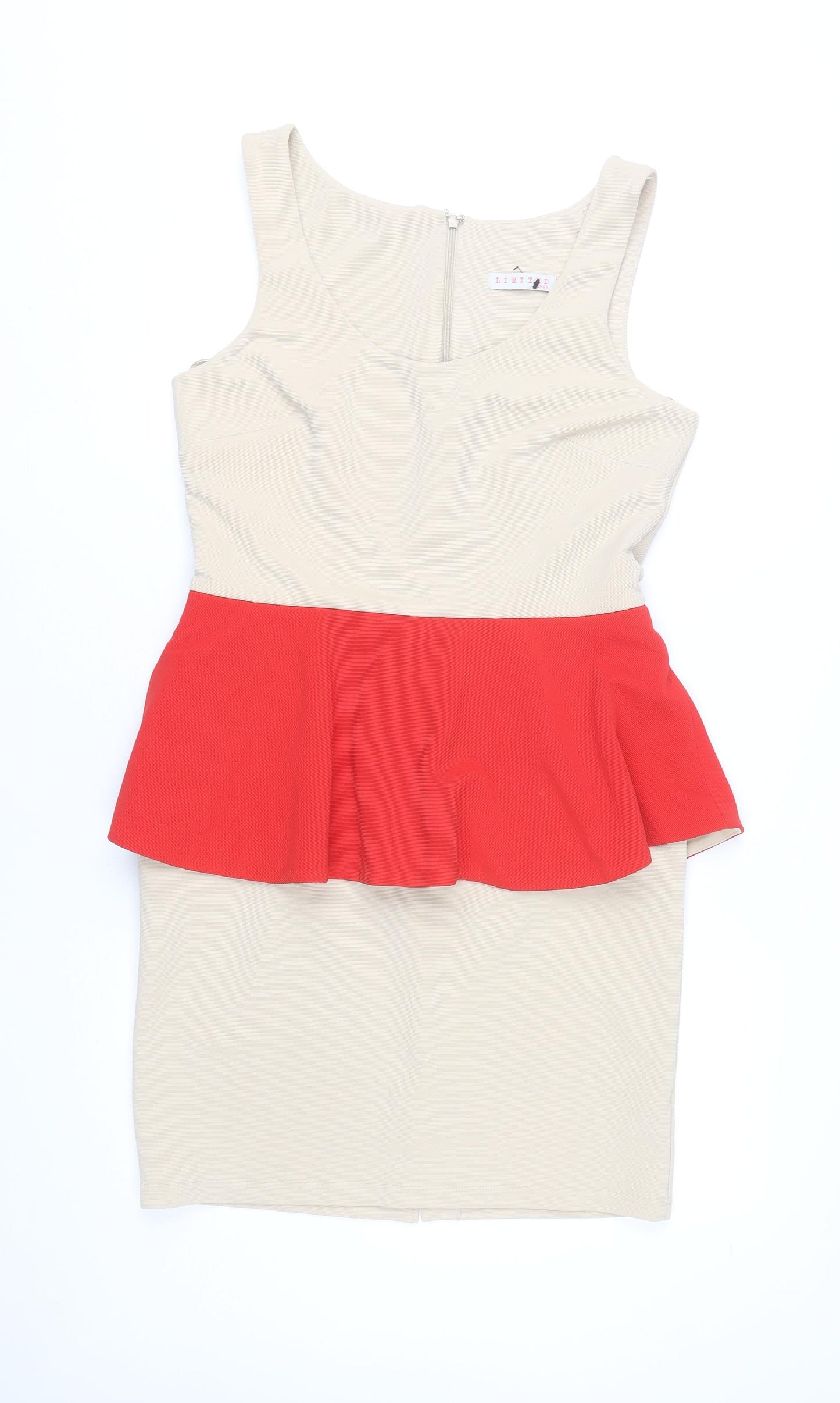New Look Women’s Beige Red Peplum Bodycon Dress Size 14