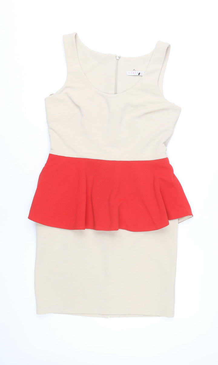 New Look Women’s Beige Red Peplum Bodycon Dress Size 14