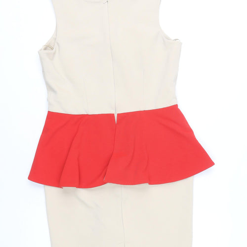New Look Women’s Beige Red Peplum Bodycon Dress Size 14