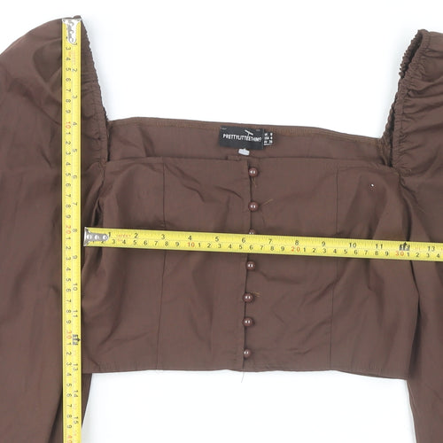 PrettyLittleThing Womens Brown Puff Sleeve Cropped Blouse UK 8
