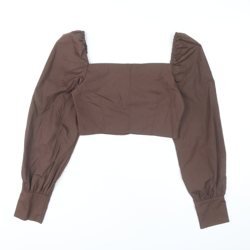 PrettyLittleThing Womens Brown Puff Sleeve Cropped Blouse UK 8