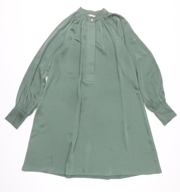 H&M Women Green Shift Dress XS Long Sleeve Polyester Knee Length