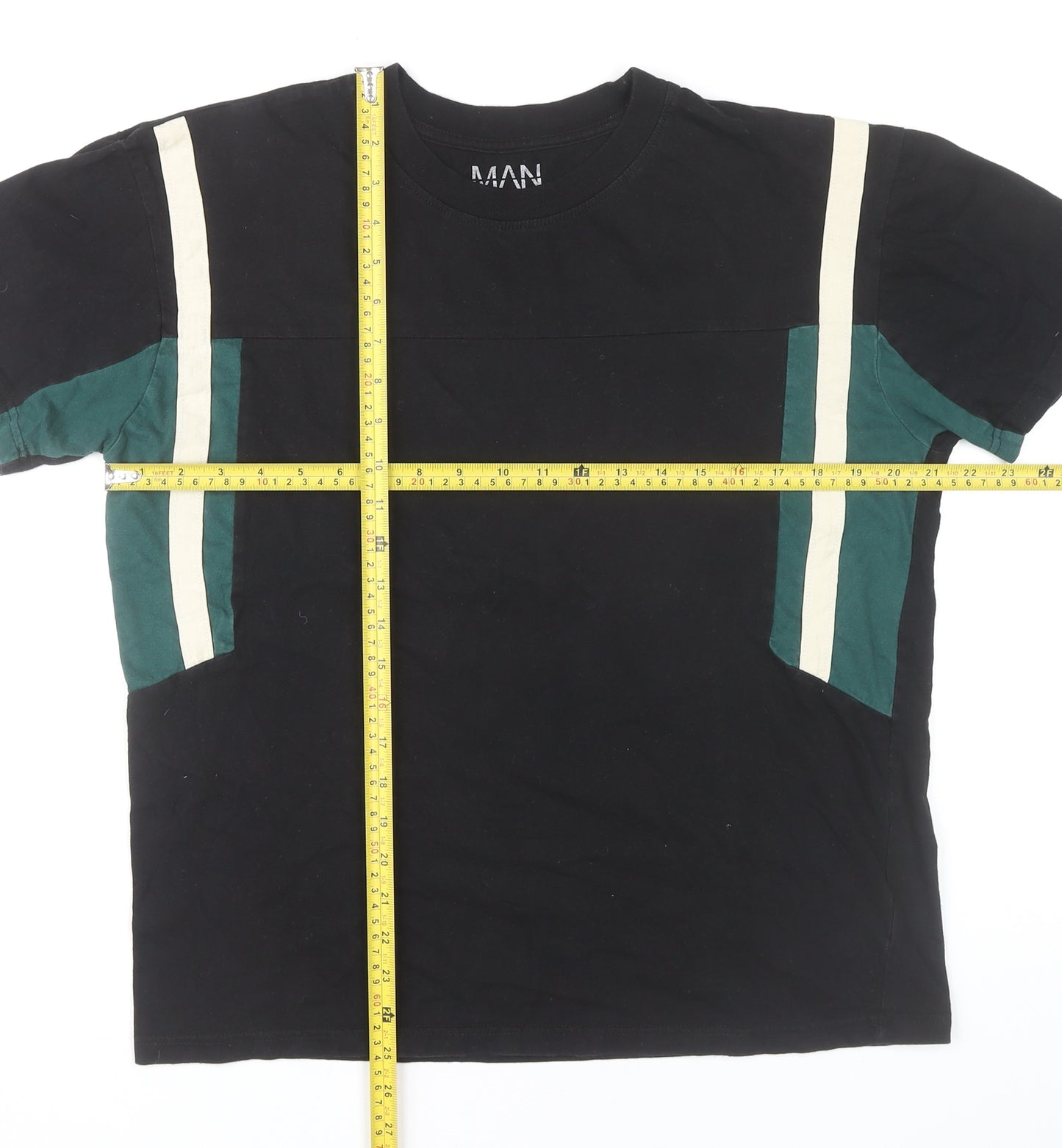 BoohooMAN Men’s Black Green White Colourblock Cotton T-Shirt Size S