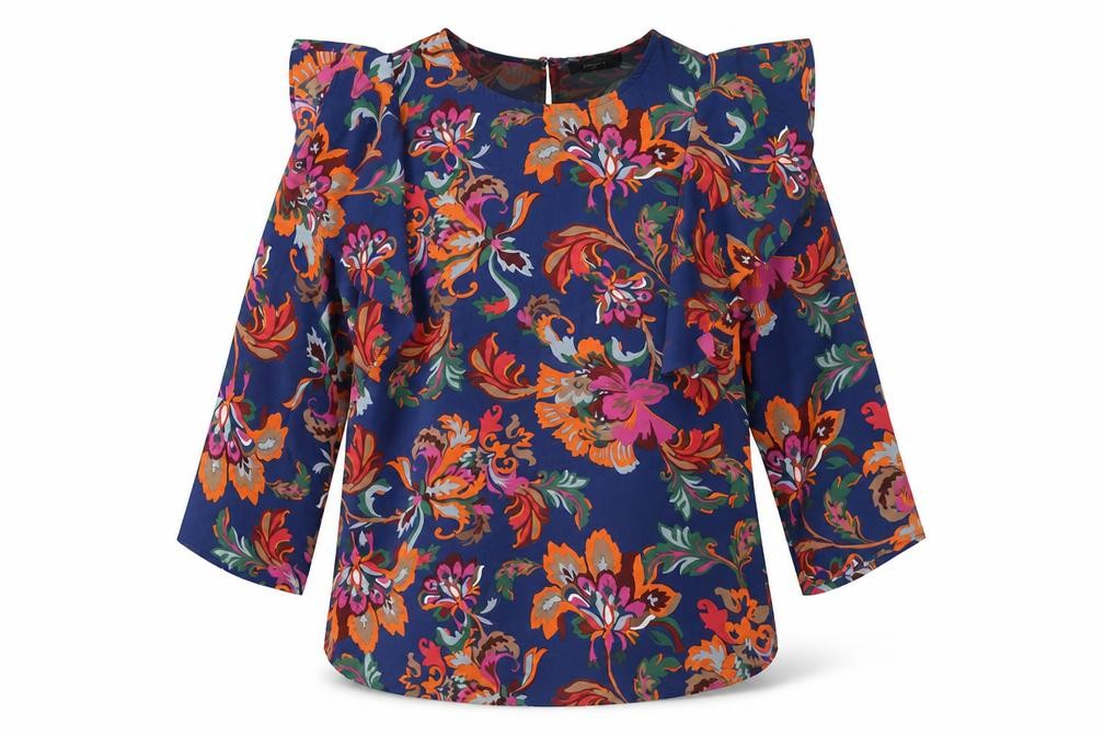 Front view of Papaya women’s multicoloured floral blouse, size UK 10, ruffle tunic