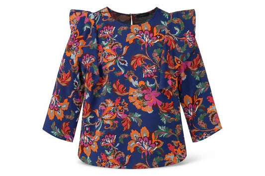 Front view of Papaya women’s multicoloured floral blouse, size UK 10, ruffle tunic