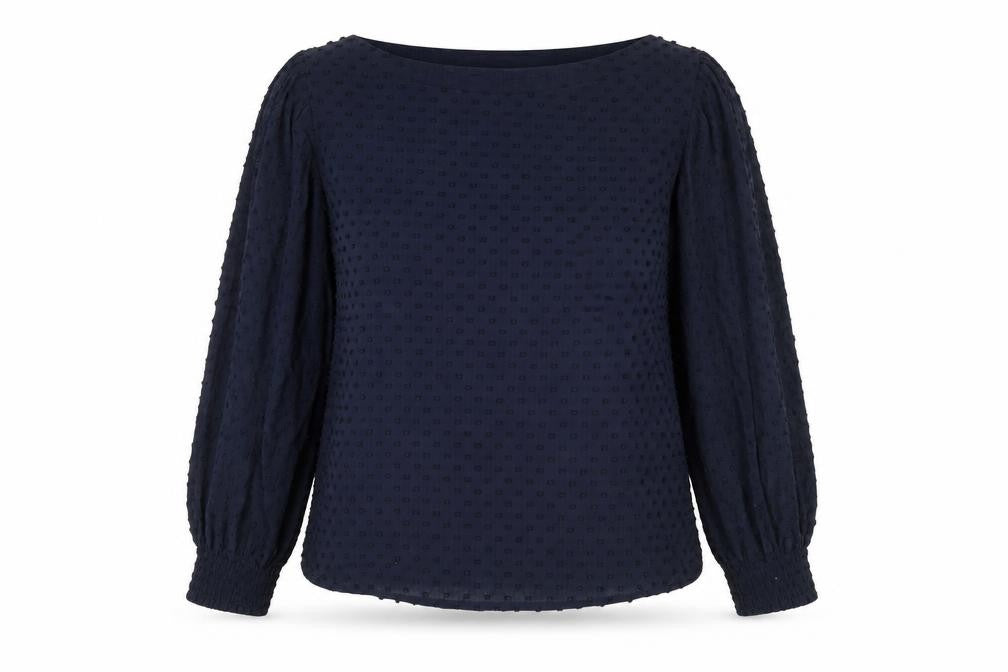 Front view of Zara women’s blue polka dot long sleeve tunic blouse, size S