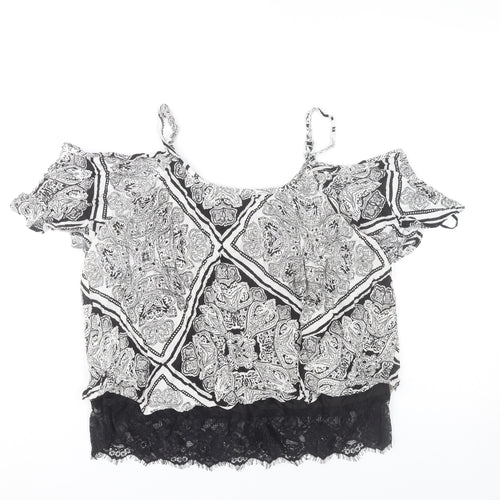 Select Women’s Black Paisley Cold Shoulder Lace Trim Cropped Blouse UK 10
