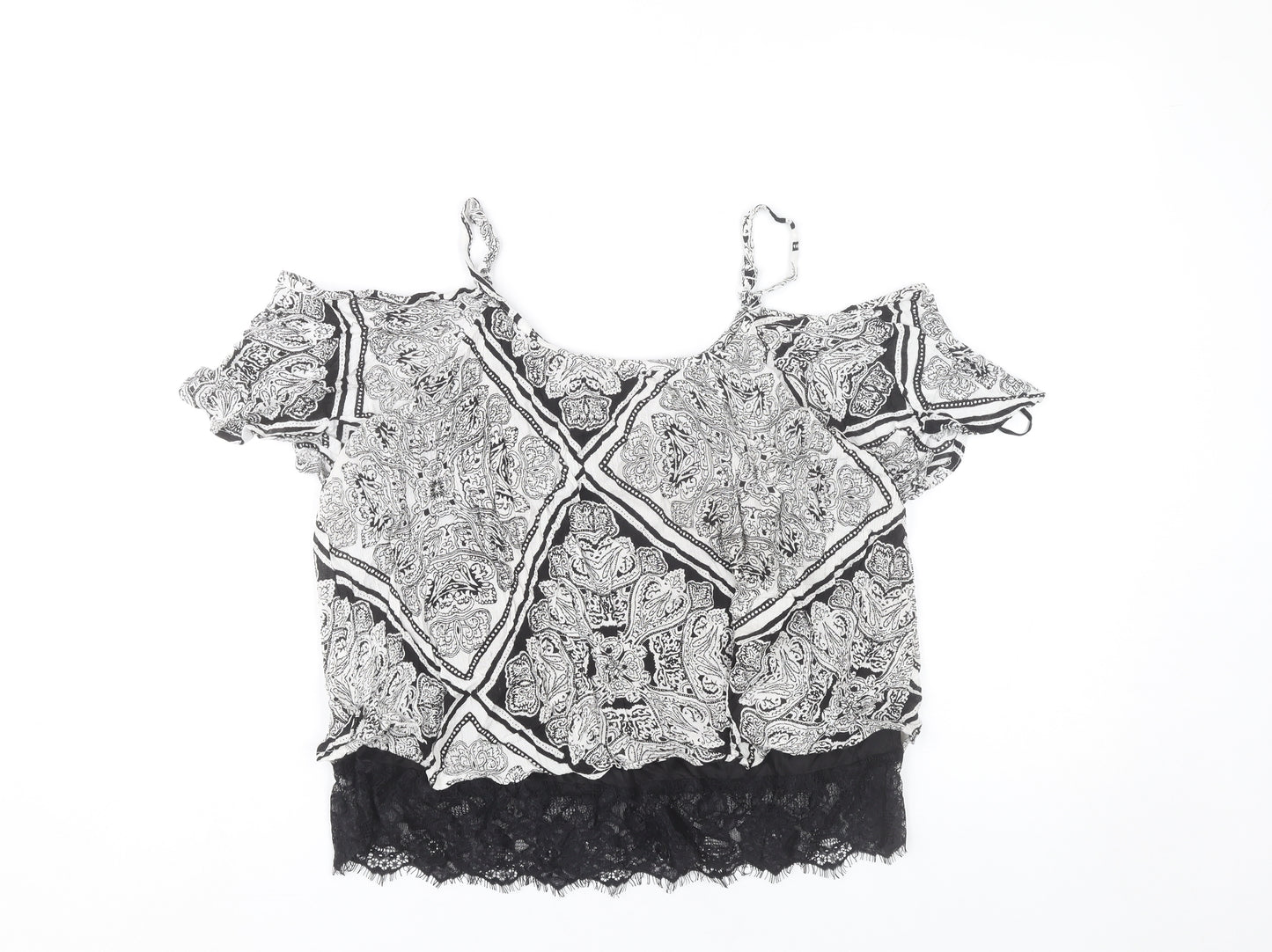 Select Women’s Black Paisley Cold Shoulder Lace Trim Cropped Blouse UK 10