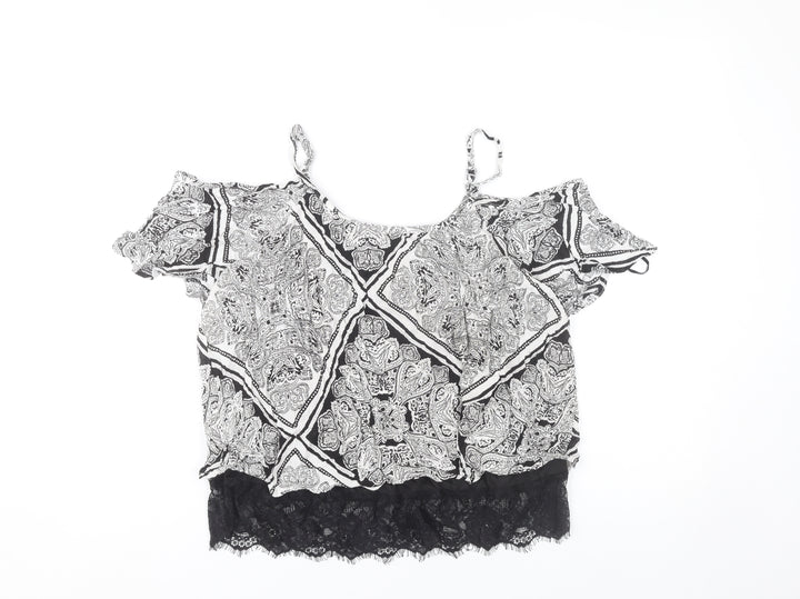 Select Women’s Black Paisley Cold Shoulder Lace Trim Cropped Blouse UK 10