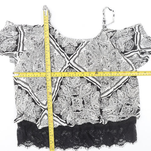 Select Women’s Black Paisley Cold Shoulder Lace Trim Cropped Blouse UK 10