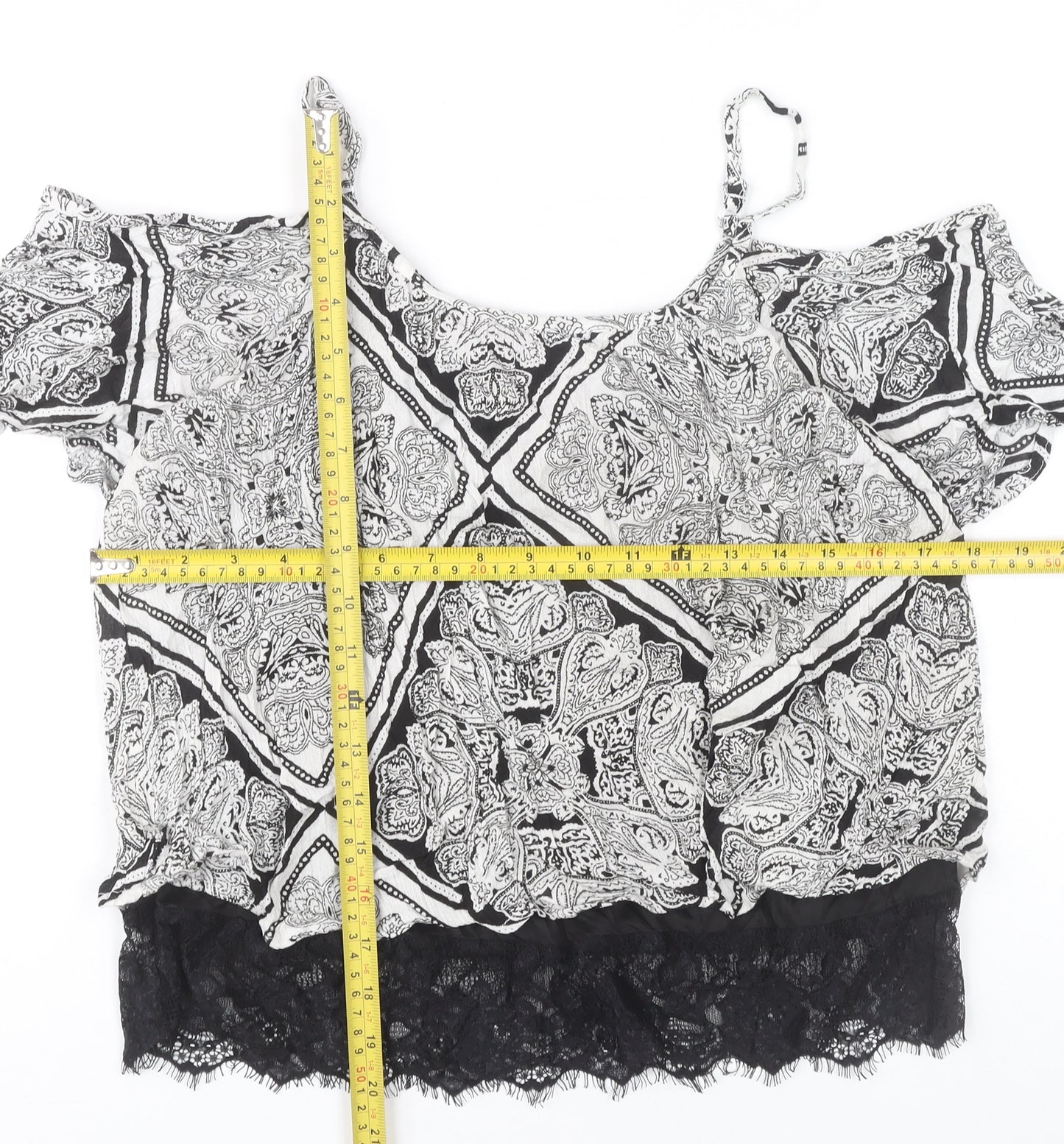 Select Women’s Black Paisley Cold Shoulder Lace Trim Cropped Blouse UK 10