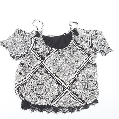 Select Women’s Black Paisley Cold Shoulder Lace Trim Cropped Blouse UK 10