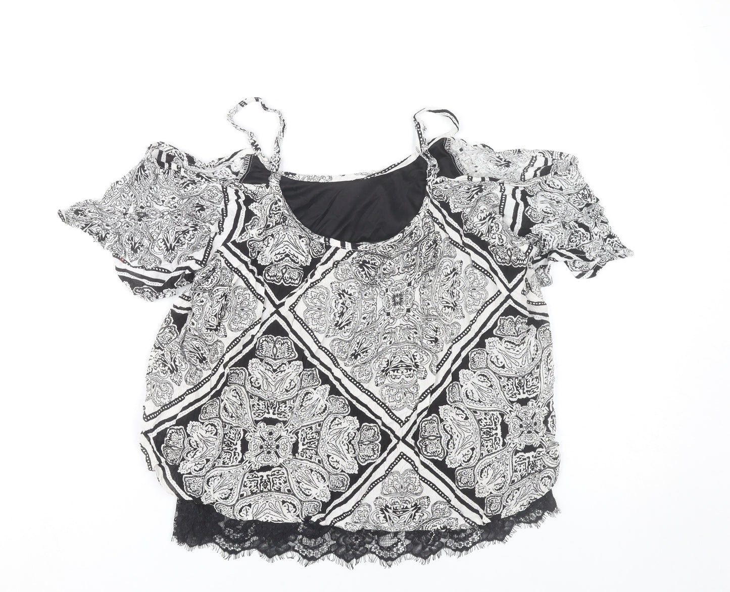 Select Women’s Black Paisley Cold Shoulder Lace Trim Cropped Blouse UK 10