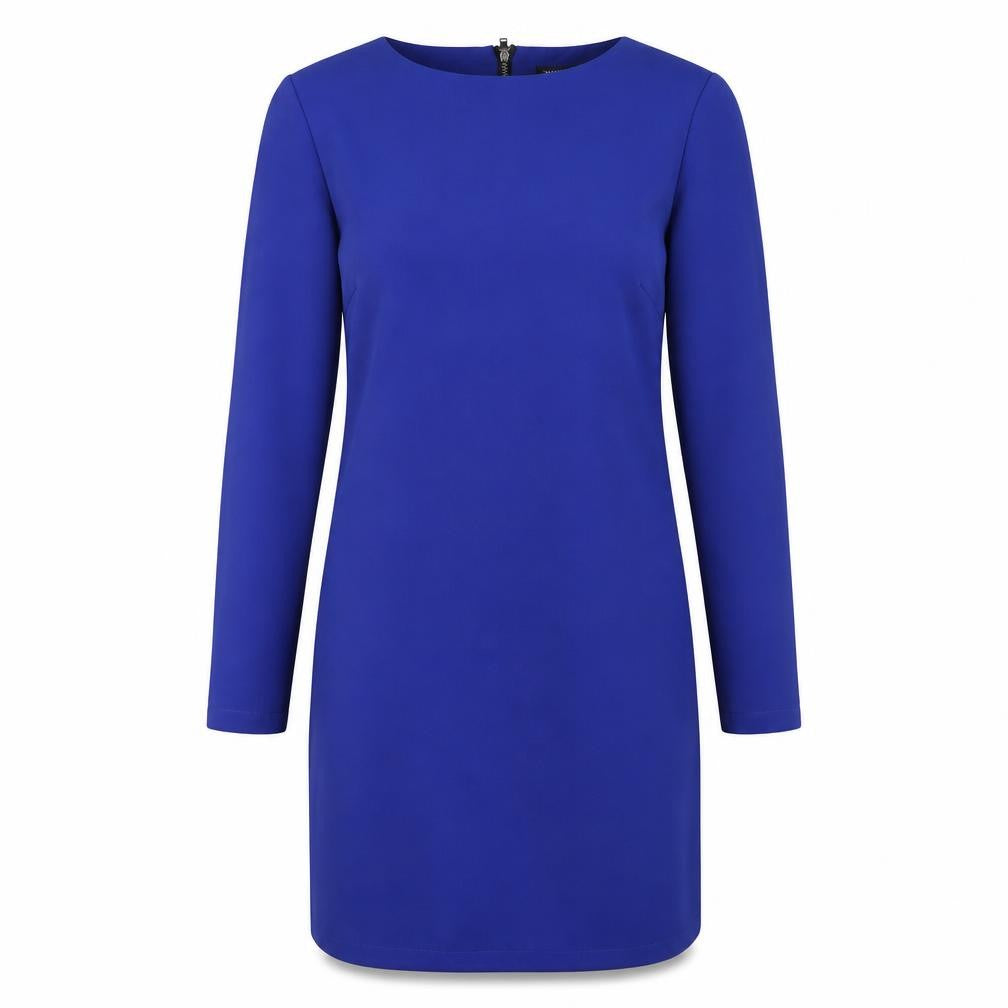 Front view of Warehouse Women’s Blue Shift Dress, size UK 10, Long Sleeve Zip Back