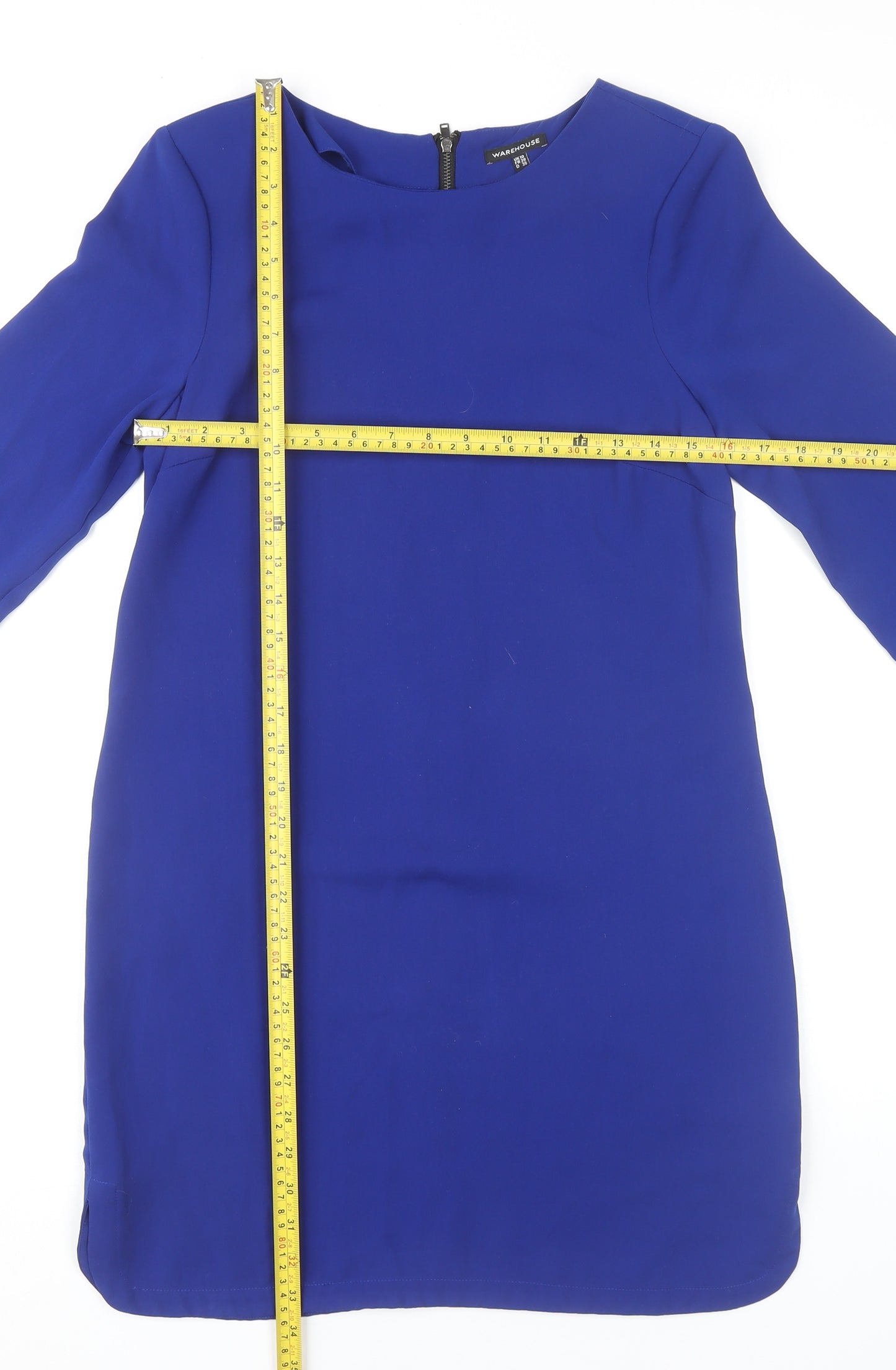 Warehouse Women’s Blue Shift Dress Size 10 Long Sleeve Zip Back