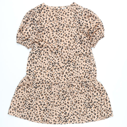 Lola May Women Beige Leopard Print Shift Dress Size 10 Short Puff Sleeve