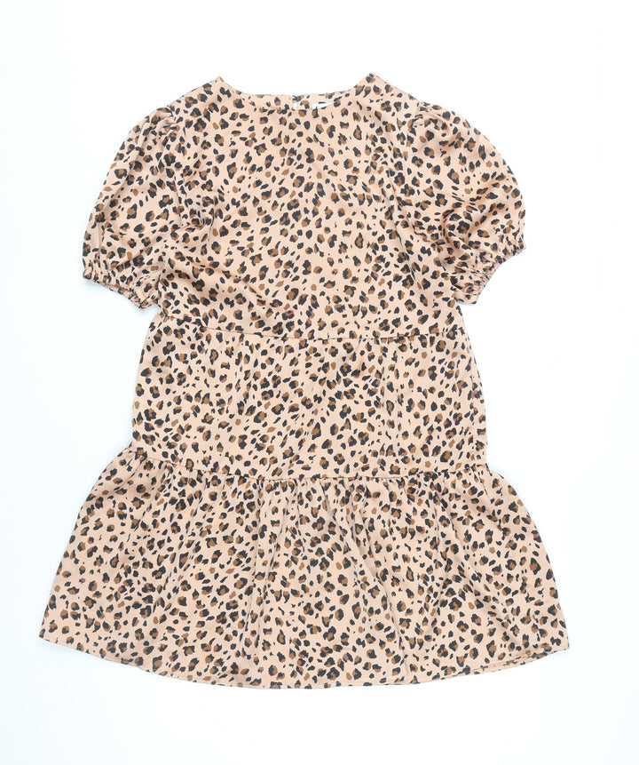 Lola May Women Beige Leopard Print Shift Dress Size 10 Short Puff Sleeve