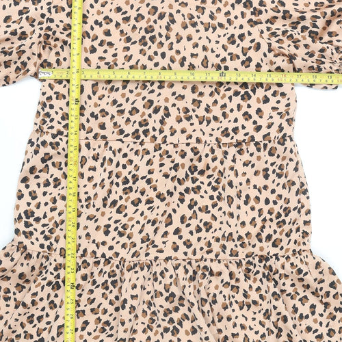 Lola May Women Beige Leopard Print Shift Dress Size 10 Short Puff Sleeve