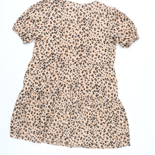 Lola May Women Beige Leopard Print Shift Dress Size 10 Short Puff Sleeve