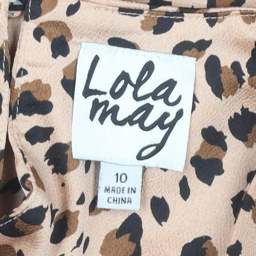 Lola May Women Beige Leopard Print Shift Dress Size 10 Short Puff Sleeve