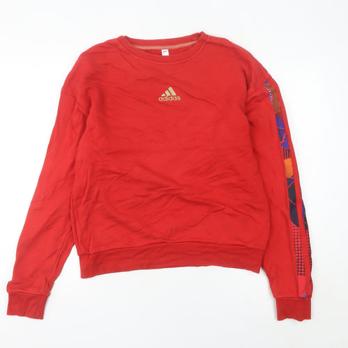 Adidas Women Red Sweatshirt UK 12 Crew Neck Graphic Print Cotton