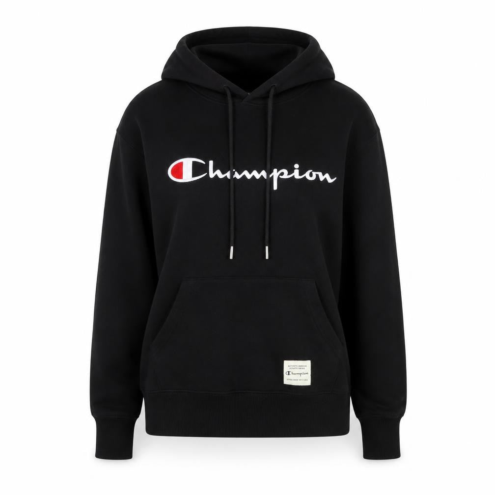 Front view of Champion women’s black hoodie, size UK 8, small logo pullover sweatshirt