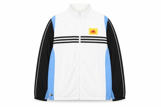 Front view of Adidas Men White Blue Track Jacket China Print, size M, Full Zip Sportswear