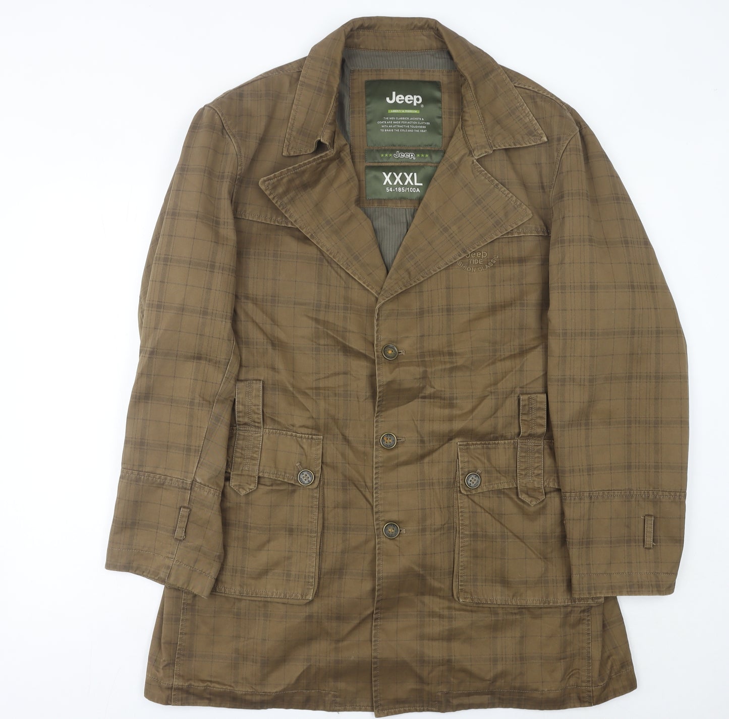 Jeep Men's Brown Check Cotton Overcoat L Regular Fit Casual