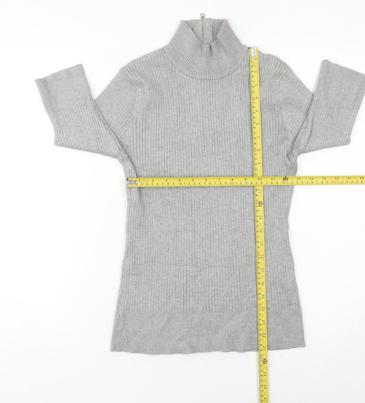 DKNY Women’s Grey Roll Neck Tunic Jumper Size M 3/4 Sleeve Knit