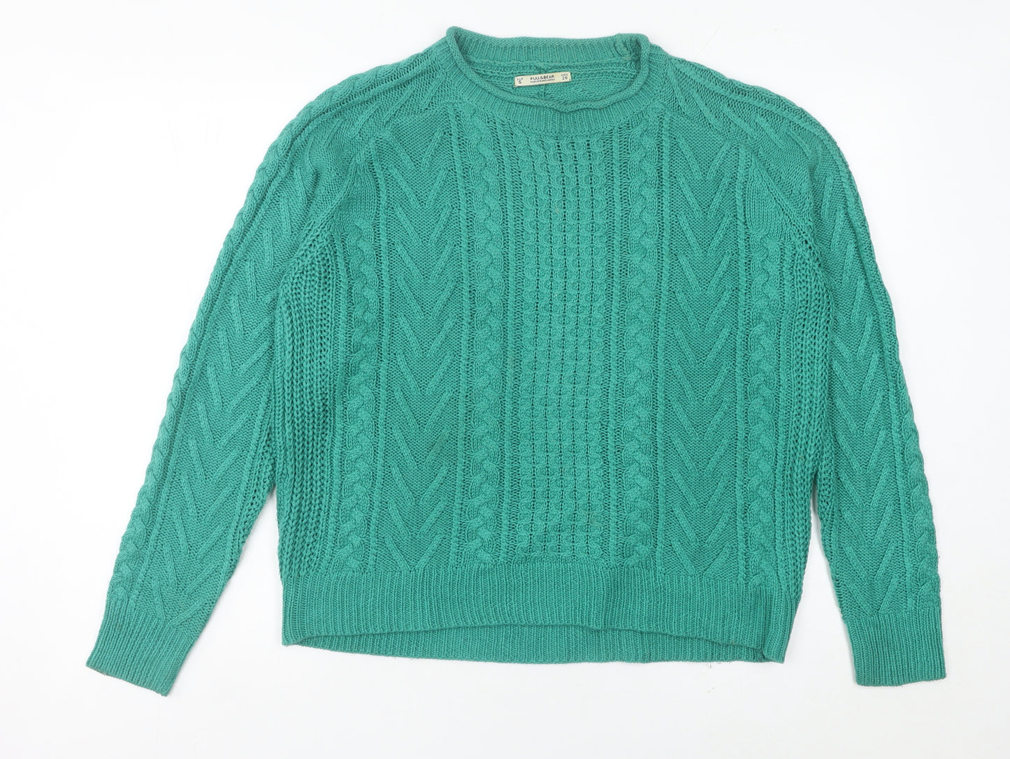 Pull&Bear Womens Green Cable-Knit Acrylic Jumper Size S
