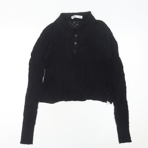 Zara Womens Black Collared Knit Button-Up Cropped Top Size 12