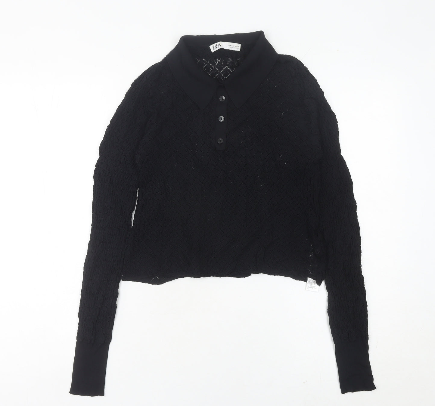 Zara Womens Black Collared Knit Button-Up Cropped Top Size 12
