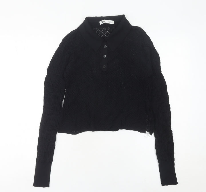 Zara Womens Black Collared Knit Button-Up Cropped Top Size 12