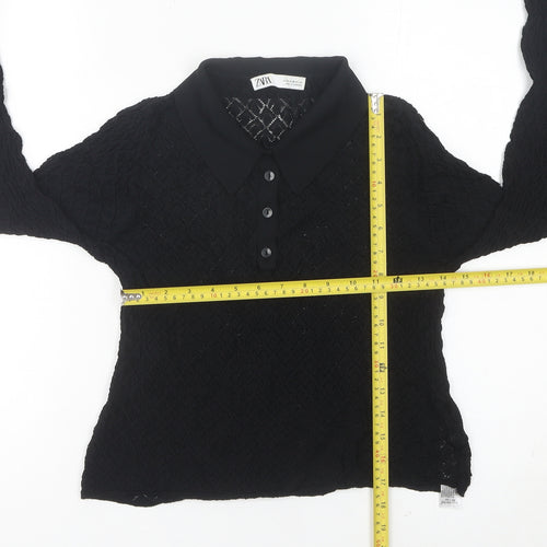 Zara Womens Black Collared Knit Button-Up Cropped Top Size 12