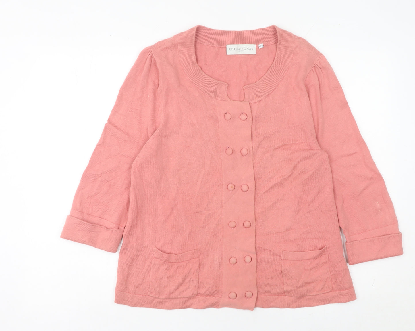 Edina Ronay Women’s Pink Cotton Cardigan UK 18 Round Neck 3/4 Sleeve