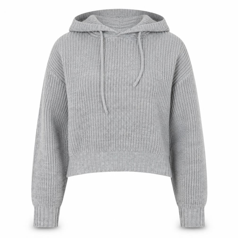 Front view of Select women’s grey chunky knit hooded jumper, size S