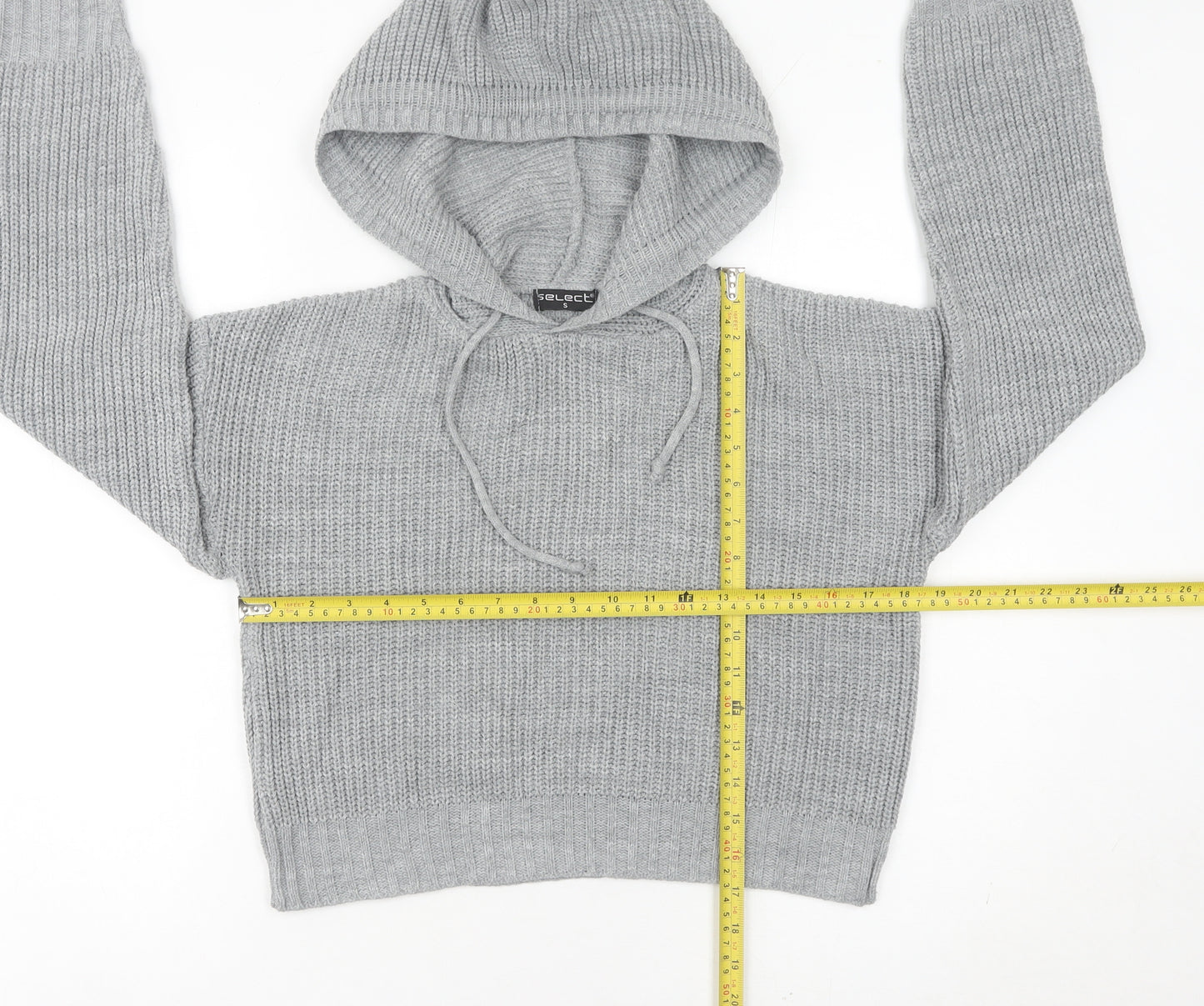 Select Womens Grey Chunky Knit Hooded Pullover Jumper Size S
