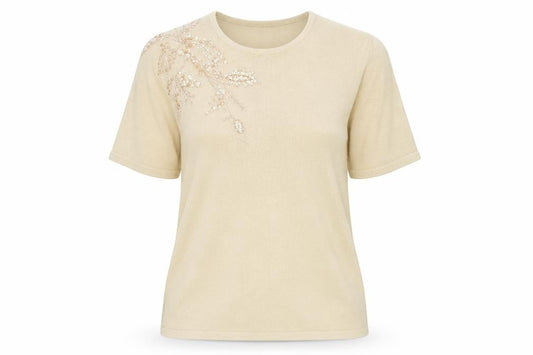 Front view of BHS women’s beige beaded sequin jumper, size UK 14