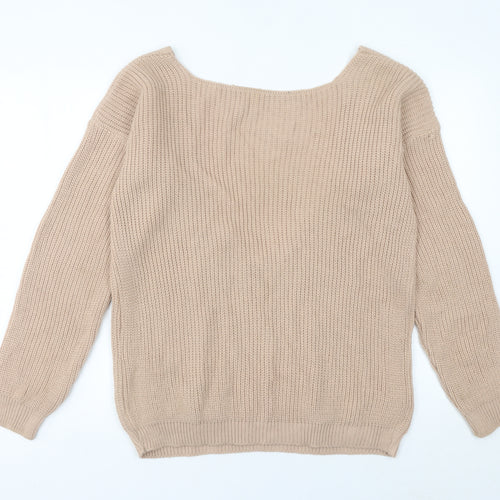 Boohoo Women’s Beige Tall V-Neck Chunky Knit Pullover Jumper M
