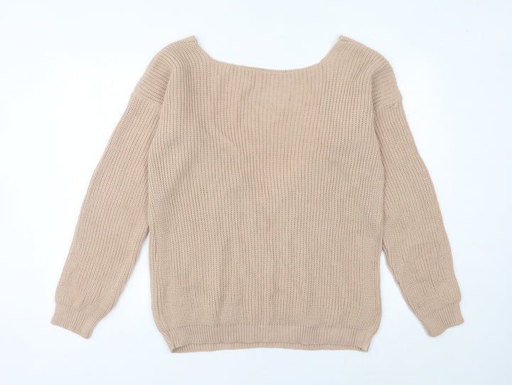 Boohoo Women’s Beige Tall V-Neck Chunky Knit Pullover Jumper M