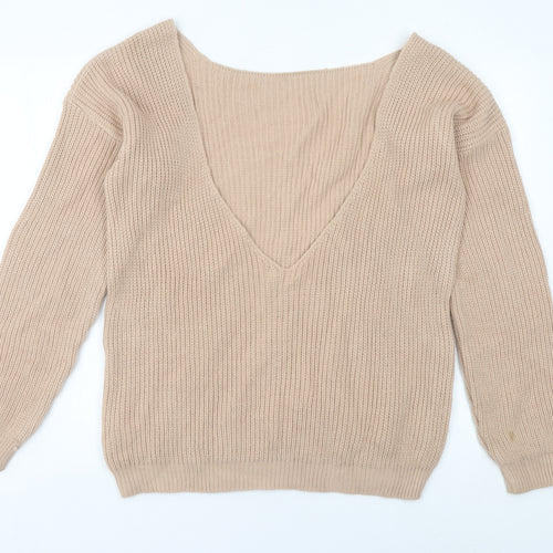 Boohoo Women’s Beige Tall V-Neck Chunky Knit Pullover Jumper M