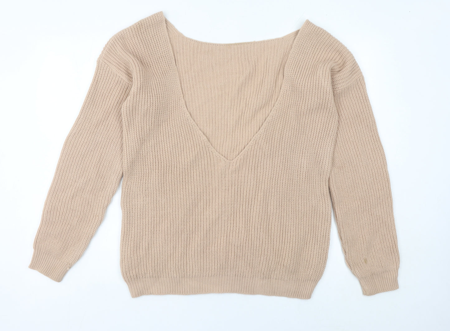 Boohoo Women’s Beige Tall V-Neck Chunky Knit Pullover Jumper M
