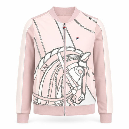Front view of Fila women’s pink track jacket, size UK 8, graphic print full zip