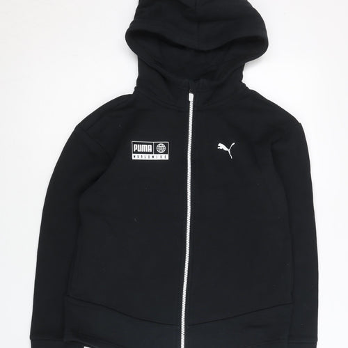 Puma Unisex Kids Black Full Zip Hoodie 11-12Y Cotton Blend Sportswear