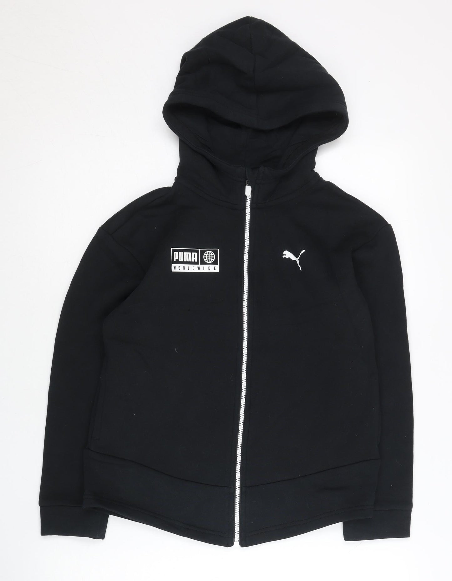Puma Unisex Kids Black Full Zip Hoodie 11-12Y Cotton Blend Sportswear