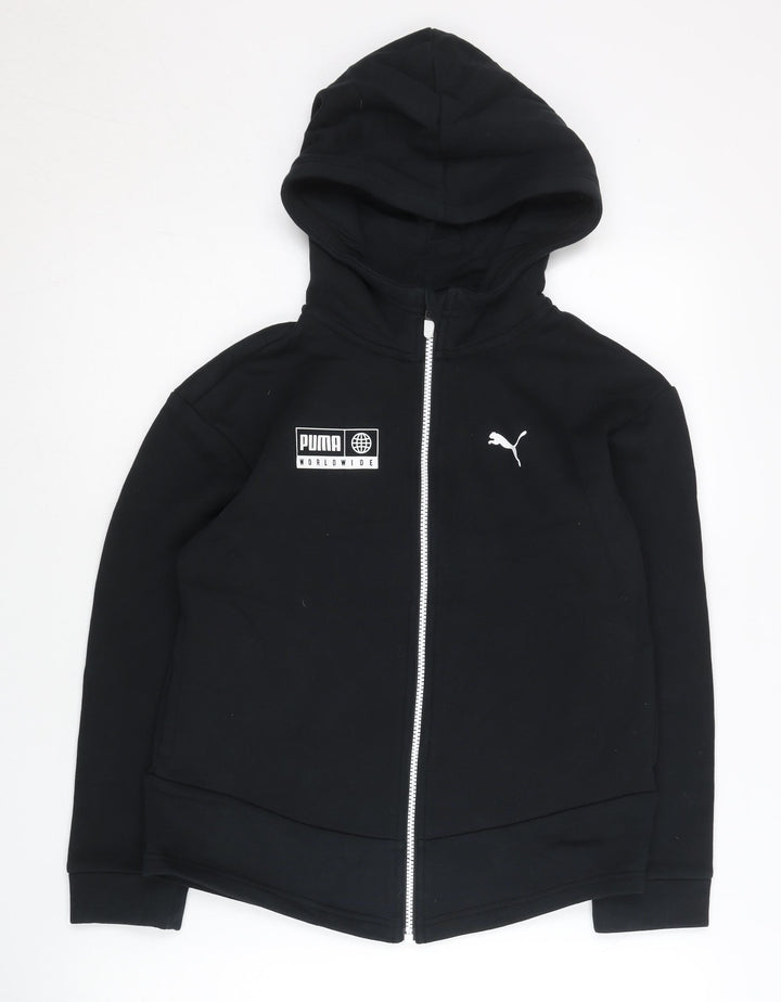 Puma Unisex Kids Black Full Zip Hoodie 11-12Y Cotton Blend Sportswear