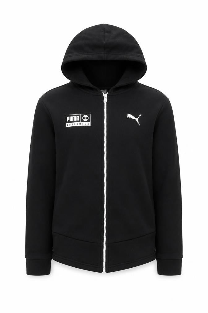 Puma Unisex Kids Black Full Zip Hoodie 11-12Y Cotton Blend Sportswear