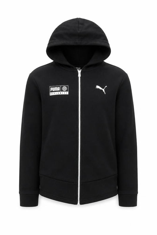 Front view of Puma unisex kids black full zip hoodie 11-12y cotton blend sportswear